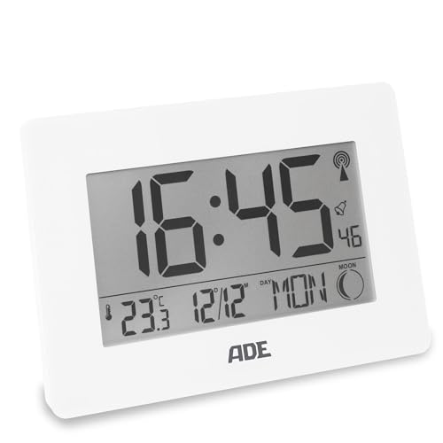 ADE Große Digitale Funkuhr mit XXL-Ziffern | Tischuhr und Wanduhr mit Kalenderfunktion | mit Temperaturanzeige | Funkwecker batteriebetrieben | weiß