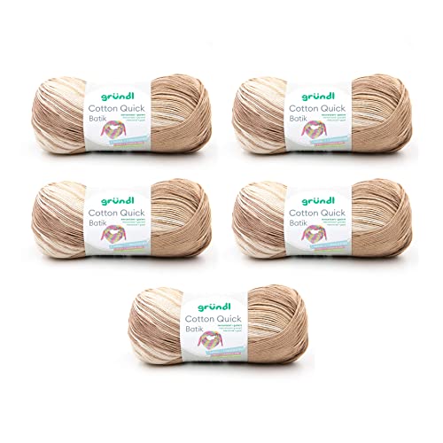 Gründl Wolle Cotton Quick Batik Strickgarn/Häkelgarn (Garn mit Farbverlauf aus 100% Baumwolle, OEKO-TEX zertifiziert, 100 g / 260 m, Nadelstärke: 3-4, 5 x 100 g), natur-braun-beige