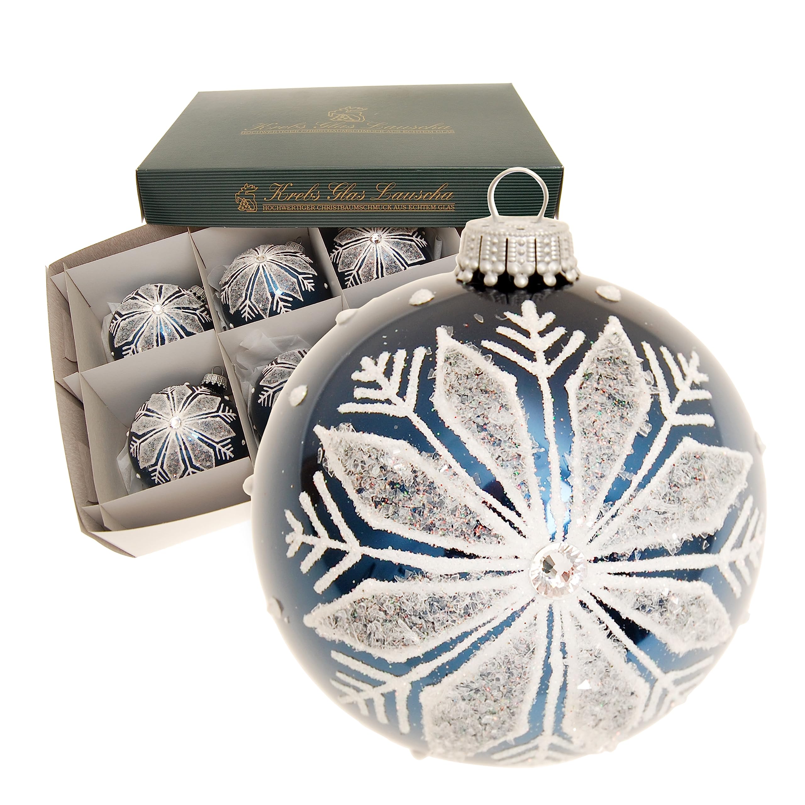 Krebs Glas Lauscha - Weihnachtsdekoration/Christbaumschmuck aus Glas - Weihnachtskugeln - Motiv: Kobaltblau-glänzend mit Schneeflocke - Größe: 6 mal 8cm