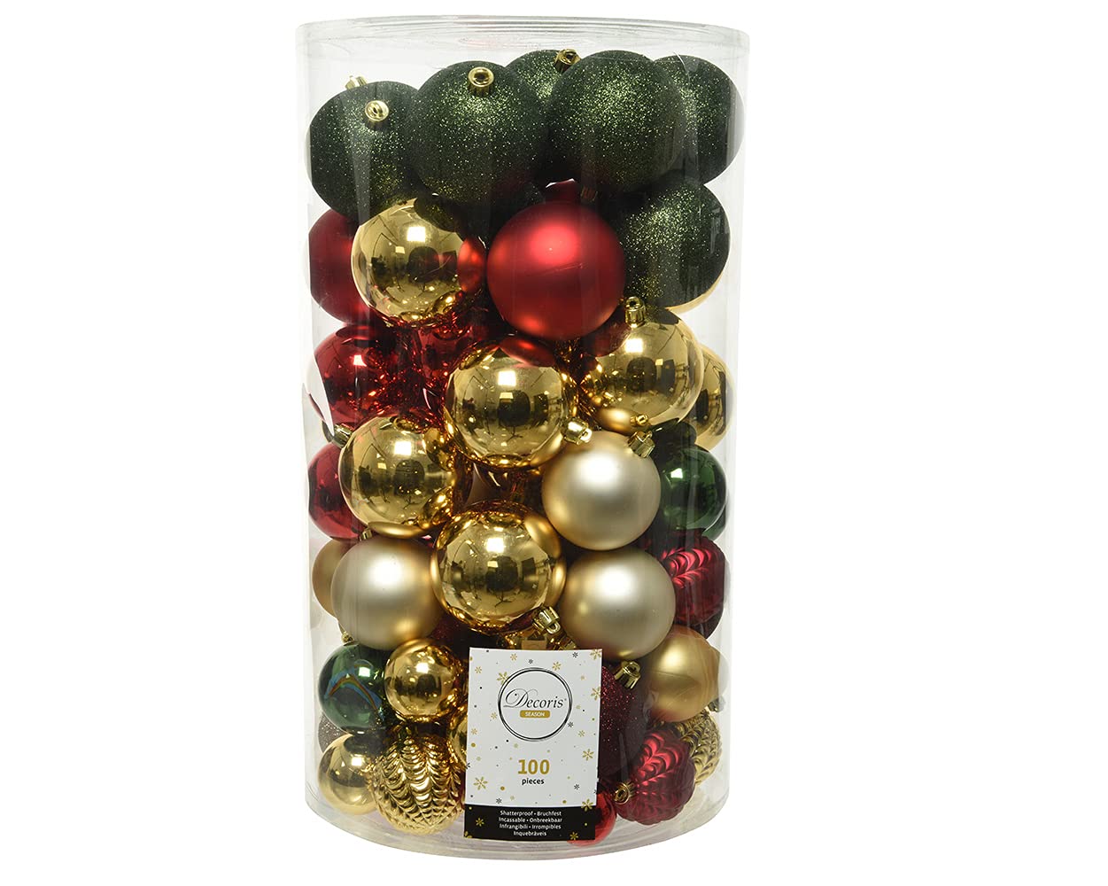 Weihnachtskugeln Kunststoff 4cm - 8cm Mix 100 Stück Set mit Glitzer (grün rot Gold)