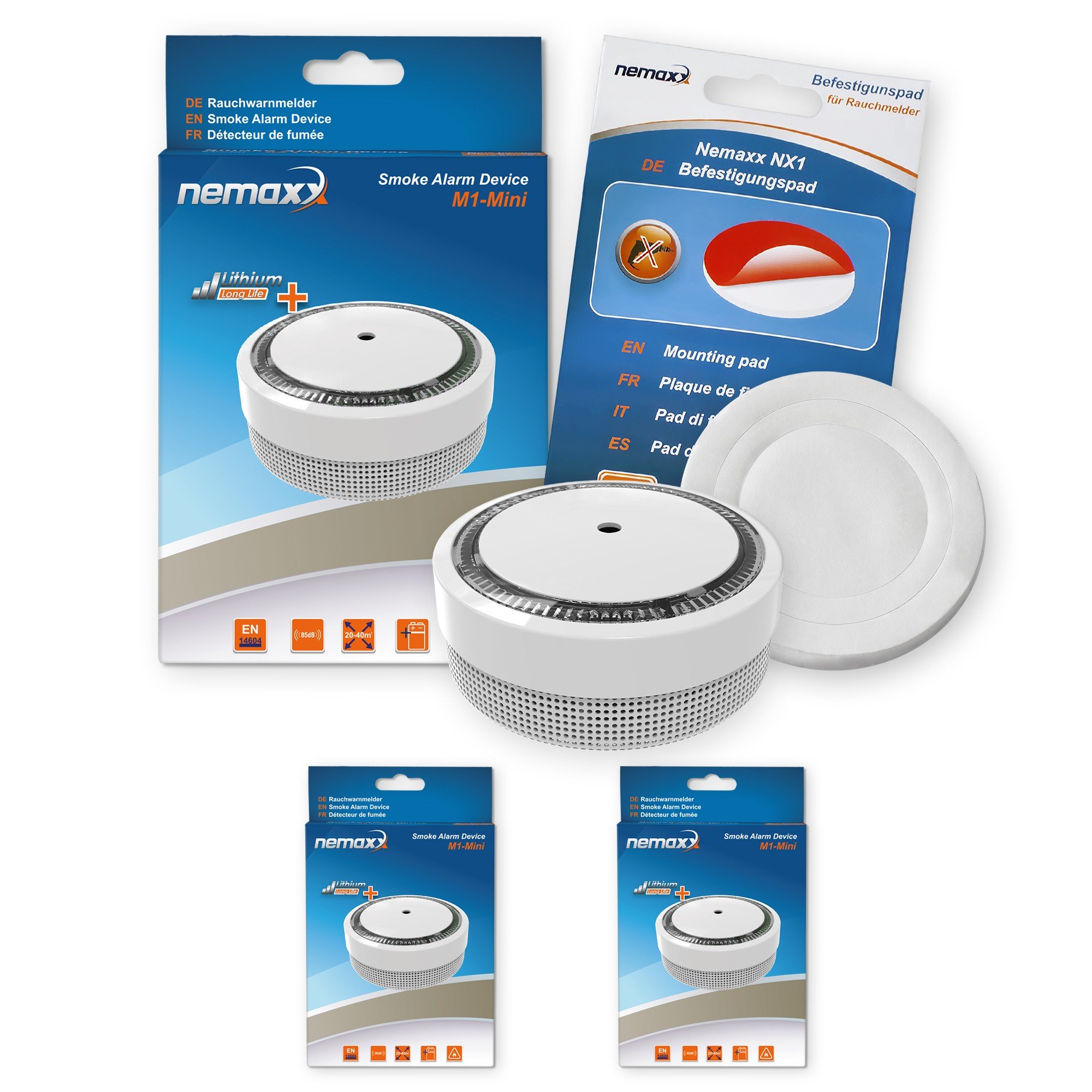 Nemaxx M1NX 2X Rauchmelder M1-Mini sensibler, photoelektrischer Rauchwarnmelder mit Lithiumbatterie Typ DC3V nach DIN EN14604-weiß + NX1 Befestigungspad, Weiß, 2er-Set, 2 Stück