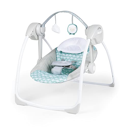 Ingenuity 12536 Swingity Swing, Goij, zusammenklappbare und tragbare Babyschaukel mit 6 Schaukelgeschwingkeiten, 2 Spielzeugen, 5-Punkt-Gurt und Tragegriff, blau 4.05 kg