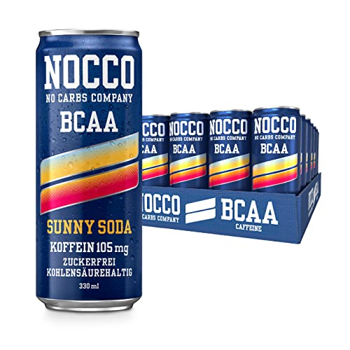 NOCCO BCAA Energy Drink – zuckerfrei, vegan Energy Getränk mit Koffein, Vitaminen und Aminosäuren, 24 x 330ml inkl. Pfand (Sunny Soda)
