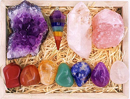 Crystals and Healing Stones Premium Kit in Wooden Box - 7 Chakra Stones Healing Crystals Set, Rose Quartz Amethyst Cluster, Quartz Points, Chakra Pendulum, 82 Page EBook, 20x6 Guide Poster Gift Ready