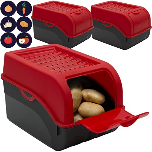 ARTECSIS Kartoffel Aufbewahrungsbox rot 3er Set I Gemüsebox Kartoffelbox mit Deckel für ca. 4 kg Kartoffeln + 6 Aufkleber mit Gemüsesorten