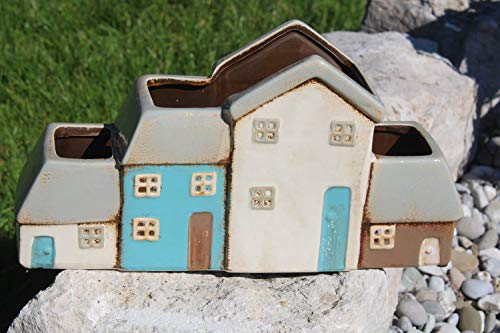 Holzwurm Pflanzgefäß Häuser aus Keramik, glasiert, 33 cm lang, 17 cm hoch, Häuserzeile