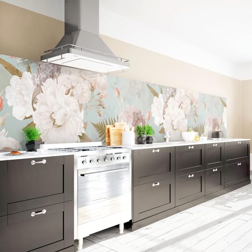 Arcondo Küchenrückwand Spritzschutz Selbstklebend mit Motiv Blumen und Knospen vor zartem Mintgrün Folie Premium Glanz 50 x 70 cm