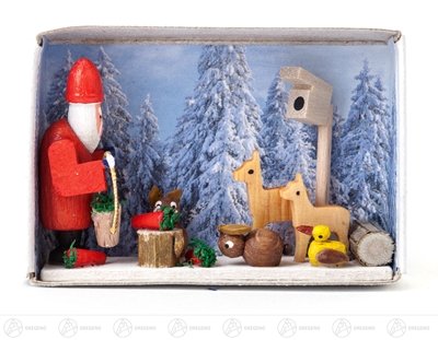 Rudolphs Schatzkiste Miniatur Zündholzschachtel Weihnacht im Winterwald Breite x Höhe ca 5,5 cmx4 cm NEU Erzgebirge Weihnachtsfigur Holzfigur
