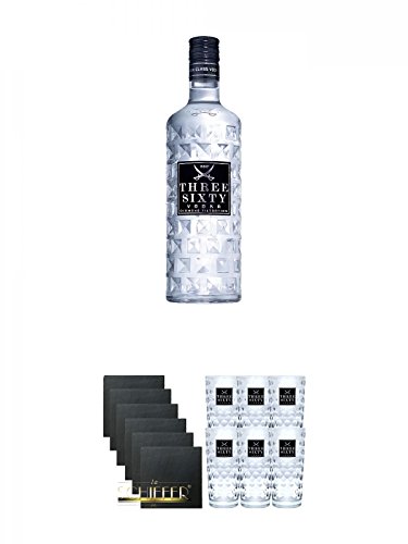Three Sixty Vodka 0,5 Liter + Schiefer Glasuntersetzer eckig 6 x ca. 9,5 cm Durchmesser + Three Sixty Vodka Gläser 6er Karton