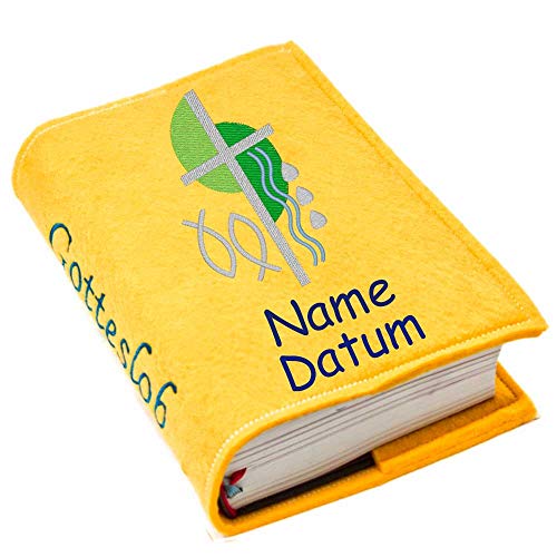 Gotteslob Gotteslobhülle Hülle Kreuz 2 grün Filz mit Namen bestickt Einband Umschlag personalisierte Gesangbuchhülle, Farbe:gelb