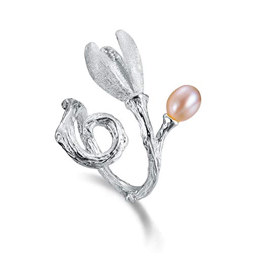 Lotus Fun S925 Sterling Silber Ring Magnolie Blume Ringe Natürliche Perle Handgemachter Einzigartiger Schmuck für Frauen und Mädchen (White)