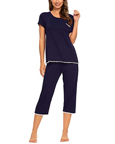 MINTLIMIT Pyjama Damen Kurz Schlafanzug Nachtwäsche Rundhals Basic Sleepwear Zweiteilige (Navy Blau,Größe XL)