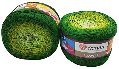 YarnArt Flowers 500 Gramm Bobbel Wolle Farbverlauf, 55% Baumwolle, Bobble Strickwolle Mehrfarbig (grün kiwi weiss 283)