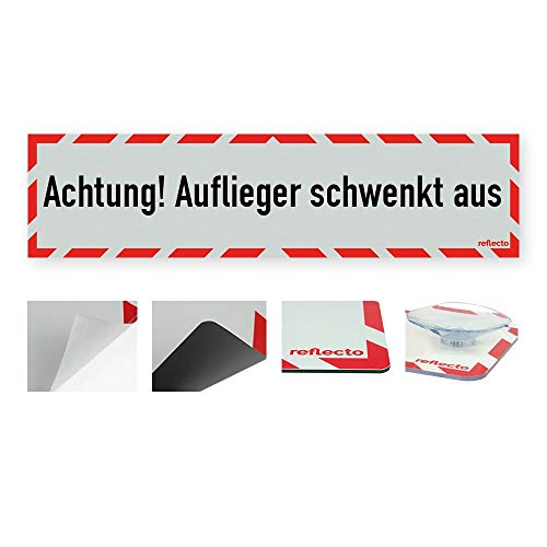 reflecto Hinweisschild „Achtung! Auflieger schwenkt aus“ in rot-weiß und reflektierend (RA1/A) - Verschiedene Ausführungen – 800 x 200 mm (magnetisch)