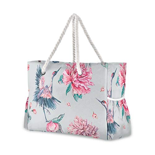 RELEESSS Große Reise Strand Tasche Kran Vogel Blume mit Reißverschluss Wasserdichte Tote Bag Schultertasche für Frauen Damen Mädchen Herren Unisex