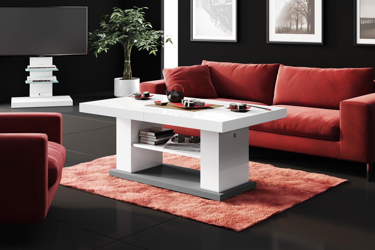 Design Couchtisch HN-777 Weiß - Grau Hochglanz höhenverstellbar ausziehbar Tisch Esstisch