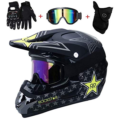 AMITD Motocross Helm Set mit Handschuhe Maske Brille, Unisex Adult Off Road Helm Kit Motorradhelm Cross Helme Schutzhelm ATV Helm mit Abnehmbare Earmuffs, Black, M(54~55)