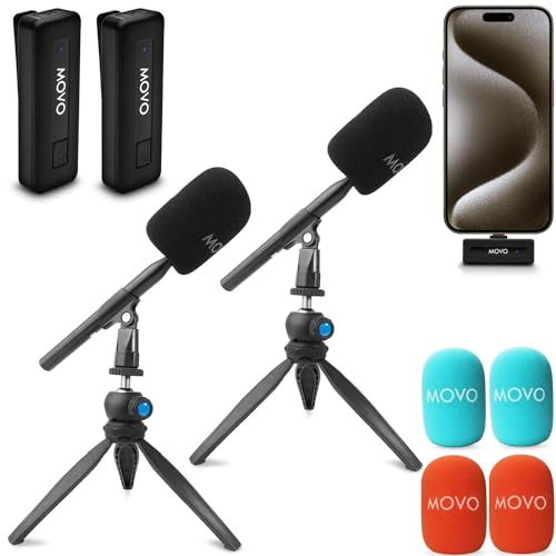Movo Kabelloses Mini UC-Duo USB-C Wireless Mikrofon für iPhone 15/Android/PC/MacBook Podcast-Ausrüstungs-Set mit WMX-HM-Griff/Desktop-Mikrofonständer für Podcasting, Interviews und Content Creation