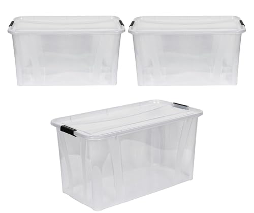 Kreher® XL Aufbewahrungsboxen mit Deckel aus Lebensmittel-geeignetem Kunststoff in Transparent. Stapelbare Lagerboxen für Haushalt, Garage, Industrie (80 Liter, 3er Set)