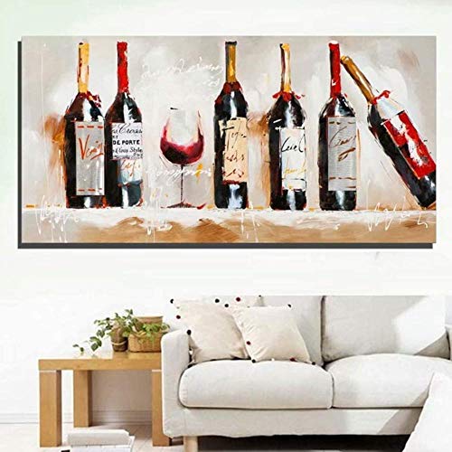 Art Wanddekoration, handbemalt, Ölgemälde auf Leinwand, Familienzimmer, Wohnzimmer-Kunst Wanddekoration 100% Handgemaltes Ölgemälde Weinglas Weinflasche (80x120cm)