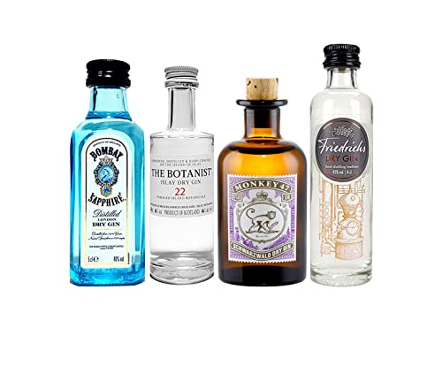 Gin mini 4er Set - Bombay Sapphire London Dry Gin 50ml (40% Vol) + Monkey 47 Schwarzwald Dry Gin 50ml (47% Vol) + The Botanist Islay Dry Gin 50ml (46% Vol) + Friedrichs Dry Gin 4cl (45% Vol)