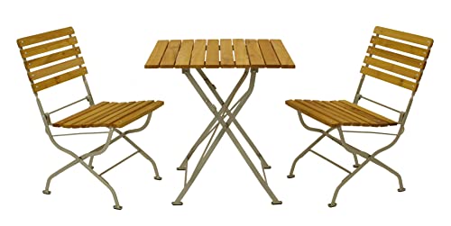 DEGAMO Garten Sitzgruppe Klappgarnitur Passau 3-teilig (2X Stuhl, 1x Tisch eckig 70x70cm), Gestell Flachstahl verzinkt und transparent pulverbeschichtet, Belattung Robinien Holz, Outdoor