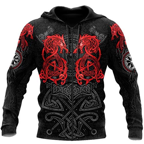 WLXW Viking Hoodie Für Herren, Odin Tattoo 3D-Gedrucktes Sweatshirt/Pullover Mit Nordischer Mythologie, Celtic Dragon Und Thors Hammer, Unisex Harajuku Street Jacket,Hoodie Zip,3XL