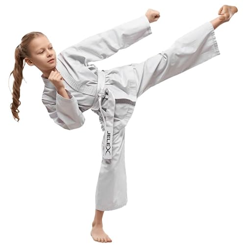 JELEX Kihaku Karateanzug Set aus Hose, Oberteil und Gürtel für Erwachsene und Kinder. Für Karate, Judo und andere Kampfsportarten. Für Einsteiger und Profis (100, kind weiß)