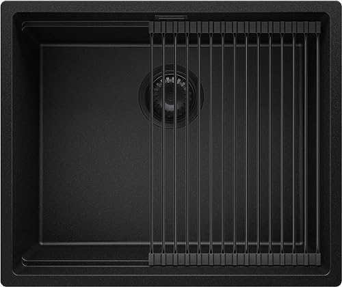 Spülbecken Alles Schwarz 56x47 cm, Granitspüle + Ablauf-Set Schwarz, Küchenspüle für 60er Unterschrank, Einbauspüle von Primagran