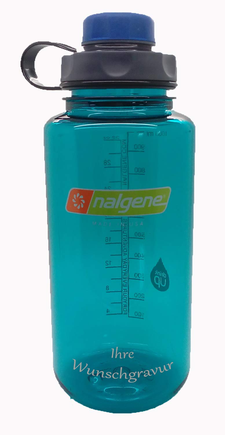 Nalgene Flasche 'Everyday Weithals' - 1 L mit 'capCAP'-Deckel (Cerulean, mit Namensgravur, Deckel blau)
