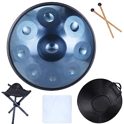 Handpan-Trommel-Sets, D-Dur 22 Zoll 9 Noten Stahl-Handtrommel mit weicher Tasche, 2 Handpan-Schlägern, Staubtuch, Handpan-Ständer, blau