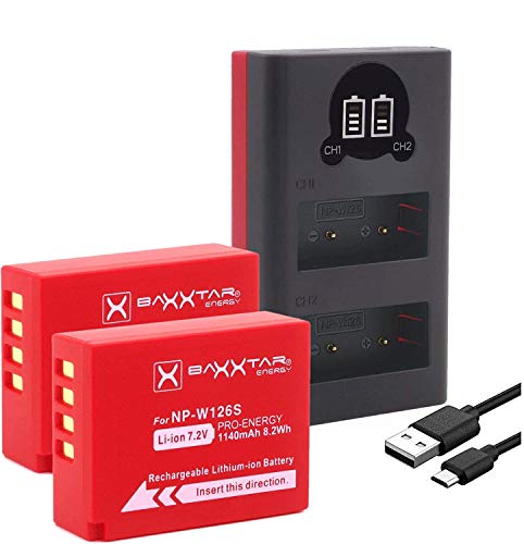 Baxxtar Pro (2X) Ersatz für Akku Fujifilm NP-W126s (NP-W126) mit Mini 18612 LCD DUAL Ladegerät (Eingang USB-C und MicroUSB)