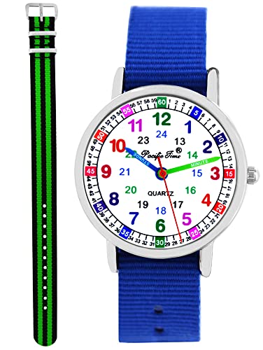 Pacific Time Kinder Armbanduhr Jungen Mädchen Lernuhr Kinderuhr Set 2 Textil Armband royal blau + grün schwarz analog Quarz 11146