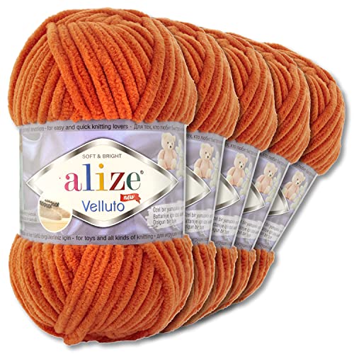 Wohnkult Alize 5x100 g Velluto Premium Wolle 30 Auswahl Chenillegarn Samtwolle Amigurumi Decken Accessore Kleidung DIY (06 | Orange)