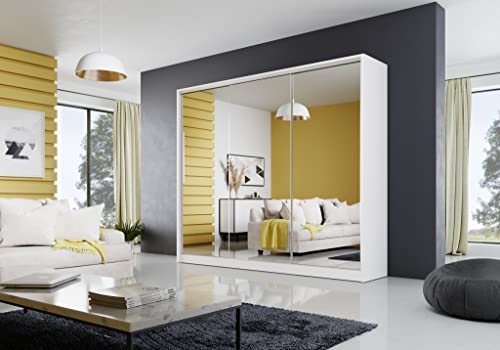Kleiderschrank mit Spiegel 250 x 205 x 60 cm, Schwebetürenschrank Schrank Garderobe Schlafzimmer- Wohnzimmerschrank; 4 Schubladen & 2 Kleiderstangen: Farbe: Weiß Matt Mehrzweckschrank