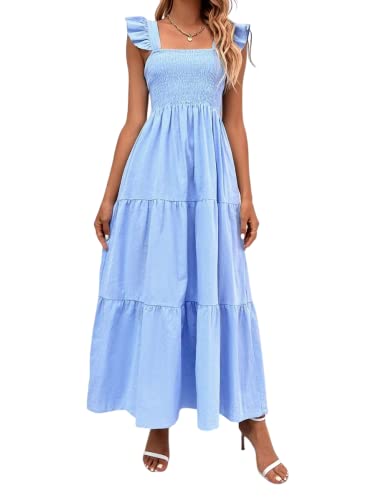 WANWEN Summer Smocked Dress, Short Sleeve Crewneck Elastic Waist Tiered Midi Dresses, Ladies Beach Party Dress (Blue,L)