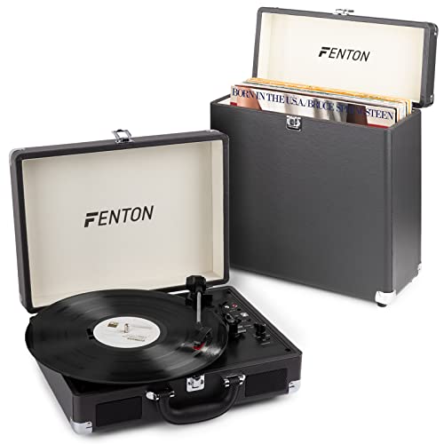 Fenton RP115C Set Plattenspieler mit integriertem Lautsprecher und Plattenkoffer, Plattenspieler Bluetooth im Koffer, Vintage, Vinyl Player Schallplatten USB Record Player, Retro Design in Schwarz