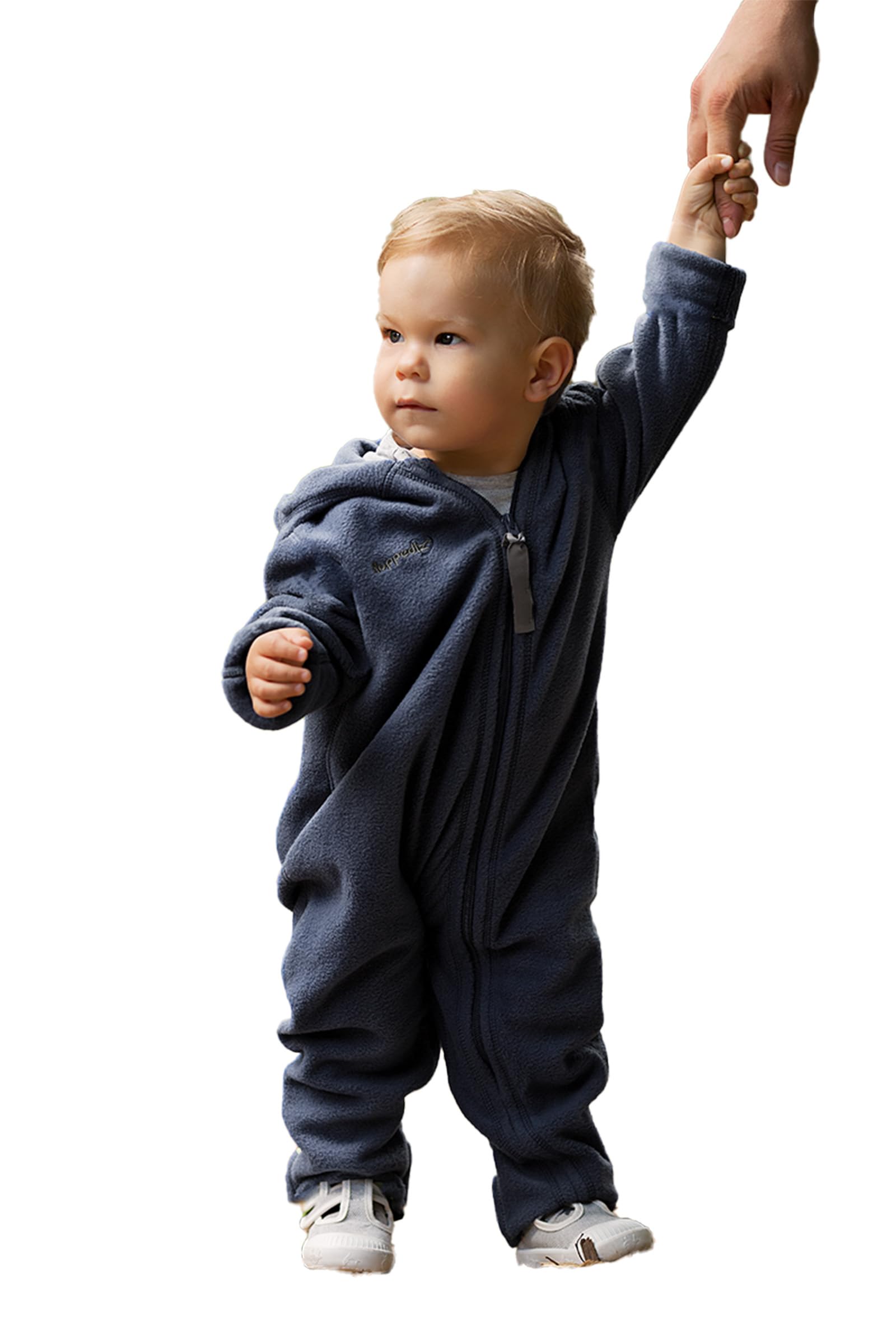 Hoppediz Baby Overall aus Fleece, extra lange Beine - perfekt für die Babytrage, Umschlagbündchen an Händen und Füßen - ocean 48-52