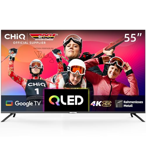 CHIQ U55QM8G 55 Zoll Smart TV, QLED UHD mit HDR, rahmenloses Metall-Design, Google TV, Dolby Audio, Triple-Tuner, 2,4G/5G WLAN, Google Assistant, HDMI 2.1, USB2.0, Modell 2023 Schwarz