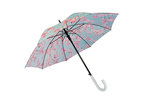 FISURA - Großer Schirm"Sakura-Blüten". Jugendschirm mit blauen und rosa Blumen. Automatischer Regenschirm mit Knopf. Stabiler bedruckter Regenschirm. 106 cm Durchmesser