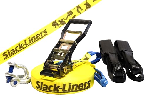 Slack-Liners 6 Teiliges Slackline-Set GELB - 50mm breit, 25m lang - mit Langhebelratsche Made in Germany