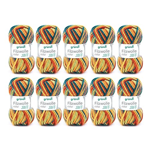Gründl Color, Vorteilspack: 10 Knäuel à 50 g Filzwolle, Wolle, blaugrün-Ocker-rotorange Multicolor, 31 x 32 x 6 cm