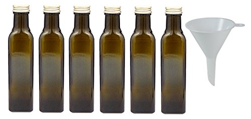 Viva Haushaltswaren - 6 x braune Glasflasche / Ölflasche 250 ml mit goldfarbenem Verschluss, leere Flaschen als Vorratsbehälter & Essigflasche verwendbar (inkl. Trichter Ø 7 cm)
