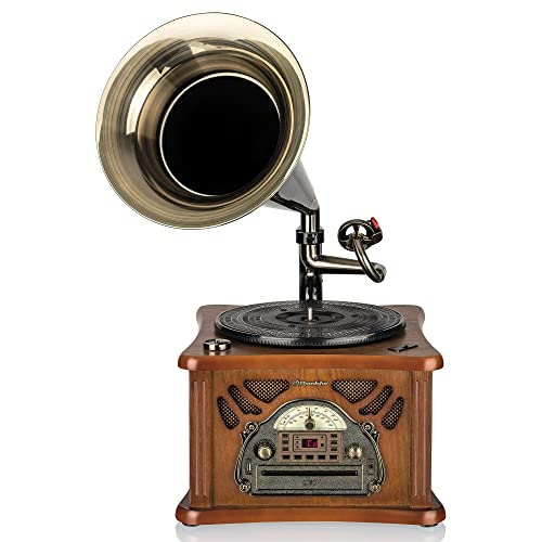 Roadstar HIF-1850TUMP Retro-Musikanlage mit Plattenspieler im Grammophon-Stil, CD / MP3-Player, Kassette, USB, AUX-In, Encoding-Funktion, Fernsteuerung, 40 Watt Musikleistung, Vintage Holzgehäuse
