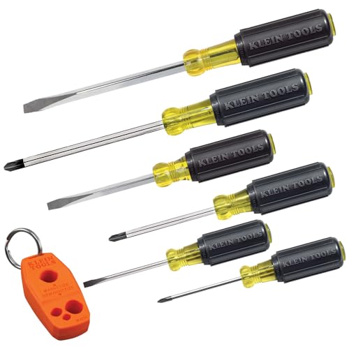 Klein Tools 85146 Screwdriver Set, 3 Slotted, 3 Phillips, Precision Machined Cushion Grip Set Includes Magnetizer/Demagnetizer, 6-Piece