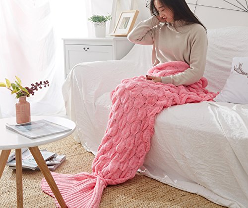Naturer Meerjungfrauendecke Mermaid Schwanz Blanket 195 cm Fischschwanz, Meerjungfrau Häkeln Decke Sofa Schlafdecke Schlafsack kuschelig warm rosa Decke