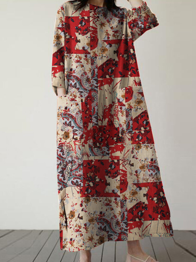 Allover-Blumendruck-Tasche Rundhalsausschnitt Vintage Kleid