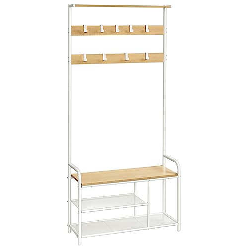 VASAGLE Garderobenständer, Garderobe, Kleiderständer 9 Haken, Schuhbank, Ablage, 30 x 85 x 180,5 cm, für Flur, Schlafzimmer, kleine Wohnungen, modern, eichenfarben-weiß HSR409W09