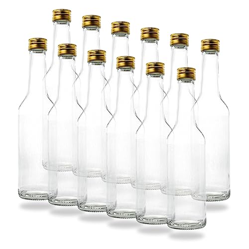 12 Kleine Glasflaschen 350ml (0,35l) mit PP28 Schraubverschluss Gold – Leere, kleine Flaschen zum Befüllen, z.B. Leere Weinflaschen, kleine Schnapsflaschen, Likörflaschen 350 ml
