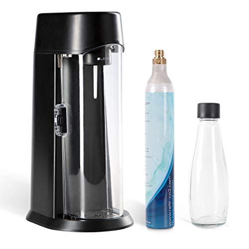 Levivo Wassersprudler inkl. Flasche aus Glas und CO2-Zylinder, geeignet für alle 0,6 l und die großen 1,2 l CO2-Zylinder, macht Schluss mit Kisten schleppen, in schwarz